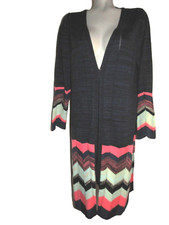 NEW DIRECTIONS Blue/Black/Pink Open Front Duster/Cardigan, Womens Large, Long Sl
