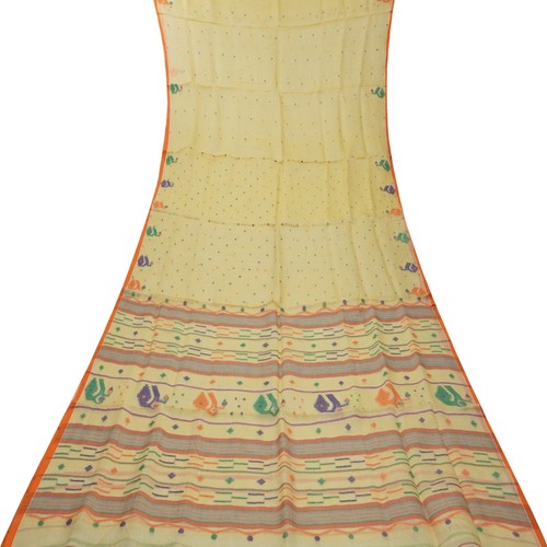 Vintage Jaune 100% Pure Soie Tissée à la main Sari Reste 5YD