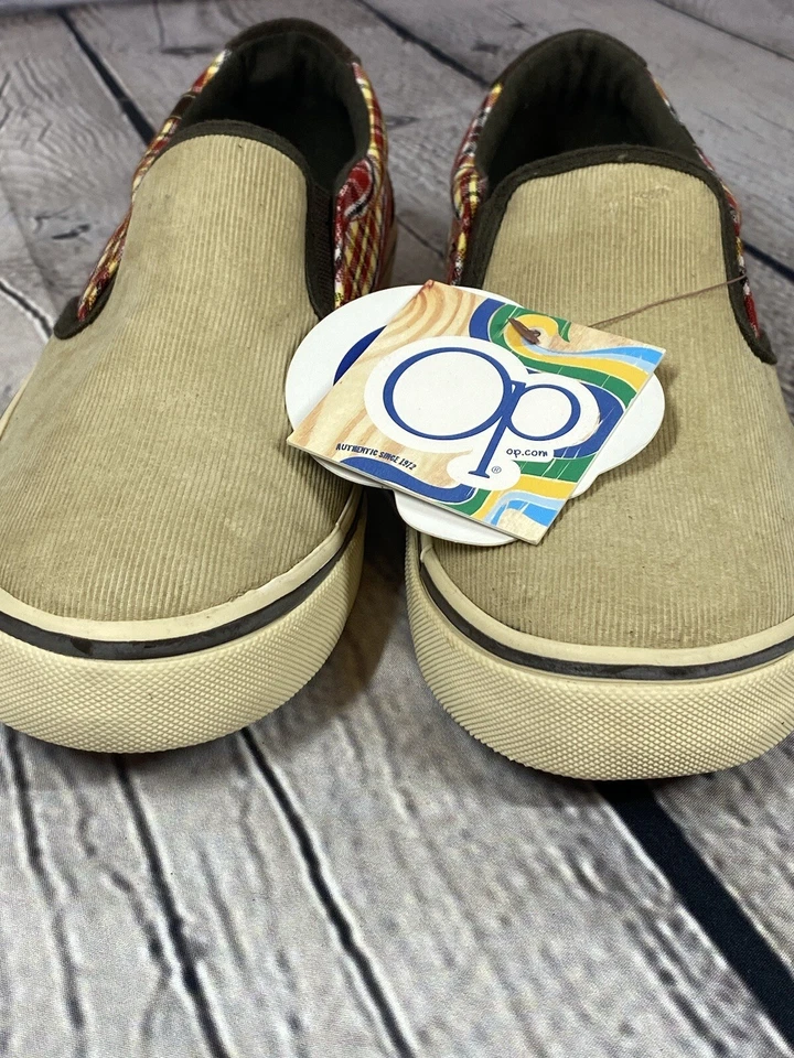 Ocean Pacific OP Boys 4 Womens 6 Tan/Plaid Canvas Deck Shoes Boat Shoes Slip On - Image 2 of 4
