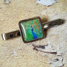 Unique PEACOCK TIECLIP tie bar slide BIRD feathers GREEN & BLUE mens accessories