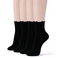 Women Ankle | 4 Pairs Ruffle Trouser Dress Socks | Black Color Cute Frilly De...