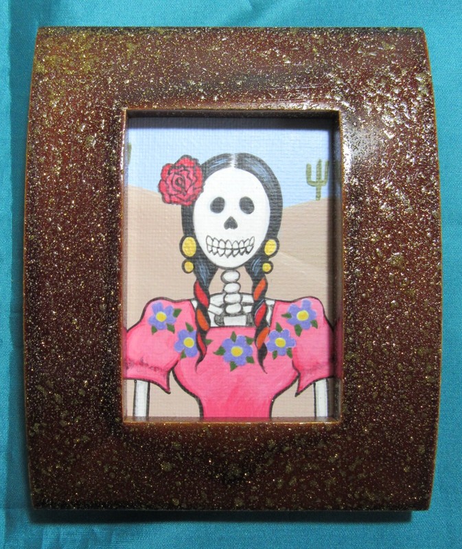 Mini Painting in Frame Day of the Dead Skeleton Native Girl