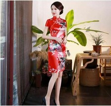Luxurious China Red Satin Phoenix Chinese Short Dress Cheongsam Qipao dress