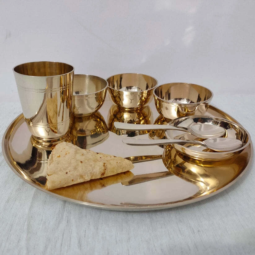 Kansa Thali Dinner Plate & Bowl Non-Toxic Bronze Ayurveda Utensils Safe Cookware - Image 4 of 4