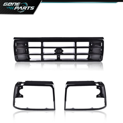 Fit For 92-96 Ford F150 F250 Bronco 3PCS Grille Headlight Door Black Grilles