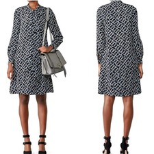 LK Bennett Dress Women 4 Black Blue Silk Domino Tie Neck Lotte Mini Shirt Dress