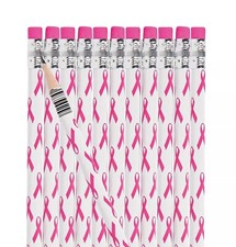 24 Breast Cancer Awareness Pencils White with Pink Ribbon Design