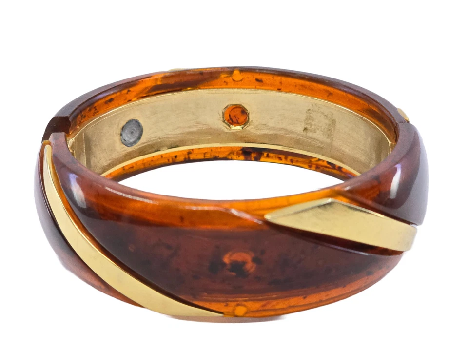 BRAZALETE BRAZALETE VINTAGE ITALIANO MODERNISTA MARRÓN LUCITA ORO 22mm ANCHO CON BISAGRAS Foto 2 de 4