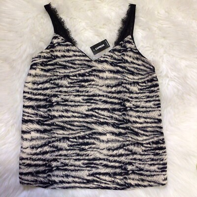 NWT Express Lace Trim Camisole Cami Tank Top Silky black cream Tiger Print  S