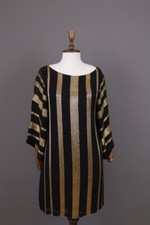 ALICE + OLIVIA Black Striped Silk Embroidered A-Line Blouson Midi Dress Size M