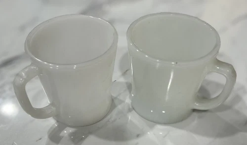 FIRE KING Mugs Lot of 2 White Milk Glass Oven Proof D Handle Made In USA EUC