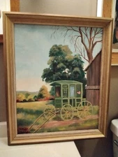 Vintage Original Autumn Oil Painting Postal Cart Signed Framed 18.5" X 22.5" GC