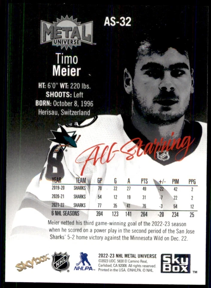 2022-23 SKYBOX METAL UNIVERSE ALL-STARRING TIMO MEIER SAN JOSE SHARKS #AS-32 - Image 2 of 2