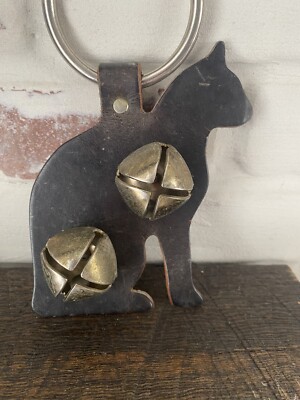 VTG Leather Black Cat Door Hanger Jingle Bells Amish Made Decor