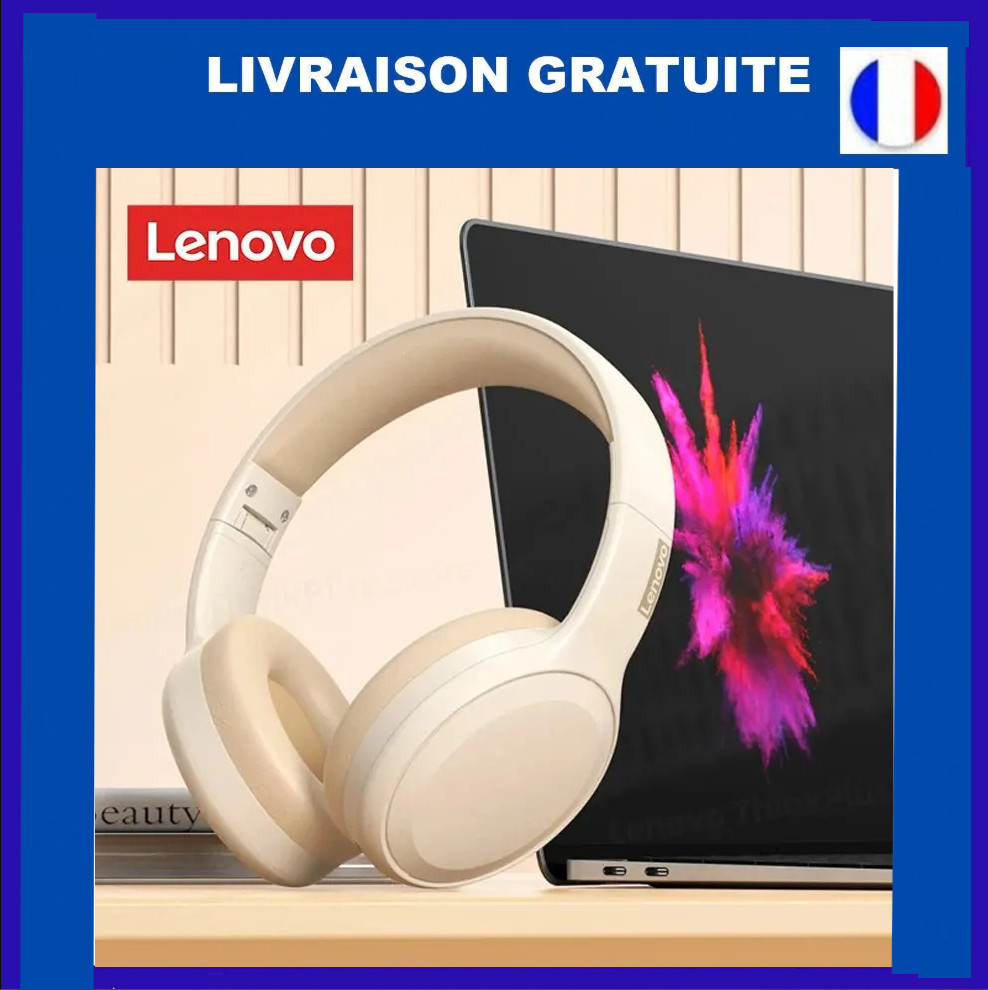 Casque Bluetooth 5.3 Lenovo TH30 noir sans fil pliable avec microphone