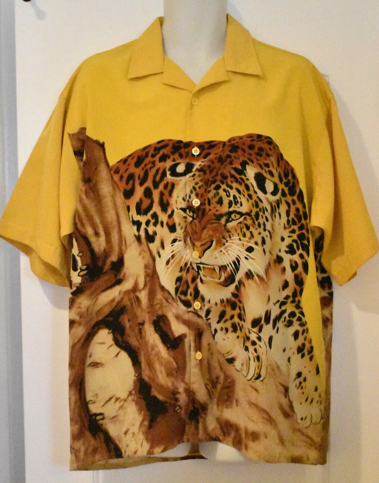 Perruzo Sport Button Up Yellow Leopard Shirt Leopard Graphic Big Cat Size L