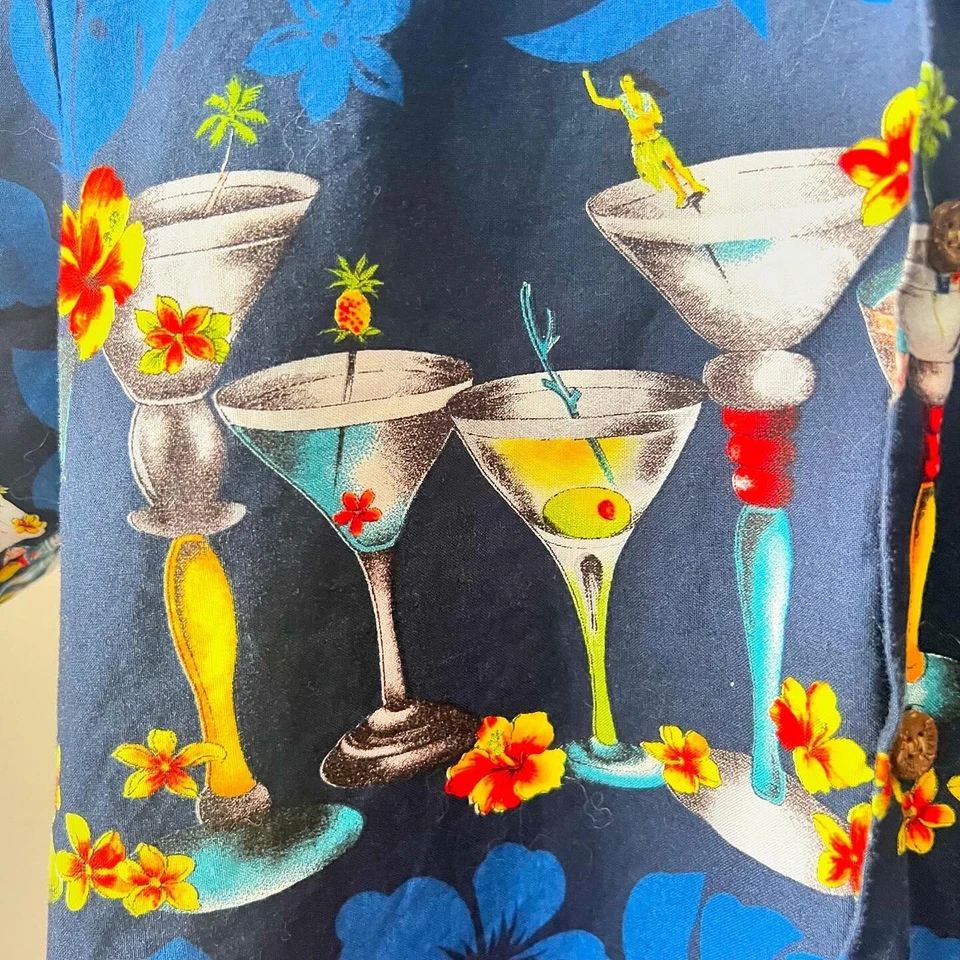 Camisa Aloha Floral Hawaiana Algodón Azul Vintage Años 90 TIKI COCKTAILS M 44 46 Foto 4 de 4
