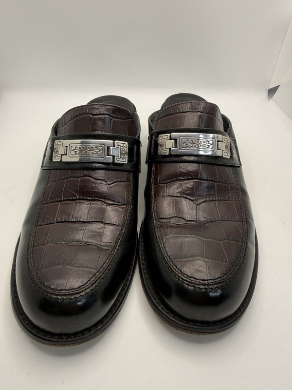 BRIGHTON 7.5 LEATHER MULE SHOES Women Black Brown Block Heel SILVER BAR SLIP ON