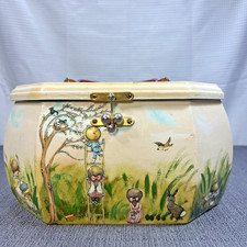 Vtg Signed Wooden Box Purse Lucite Handle Painted Children Playing Season School