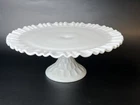 Vintage Fenton Milk Glass Cake Stand w Thumbprint Pedestal Ruffle Rim, 12 1/2" D