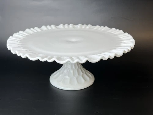 Vintage Fenton Milk Glass Cake Stand w Thumbprint Pedestal Ruffle Rim, 12 1/2" D