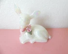 Vintage Fenton White Opalescent Glass DEER Figure with Bow and Pink Rose Flower
