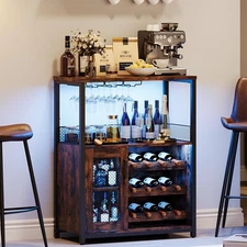Wine Bar Rack Cabinet with LED Light, Adjustable Shelves Coffee Bar Cabinet w...