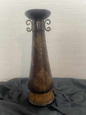 Vintage Crackle Glaze ceramic Floor Vase Scroll Handles Brown Gold