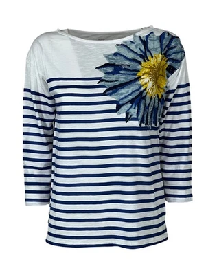 Leon & Harper T-Shirt Rayé Blanc/Bleu FLOWER BLUE THILLA Manches 3/4 Broderie - Photo 1/3