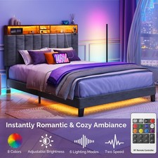 Metal Bed Frame with LED Light Storage Headboard Charging Full Queen Size