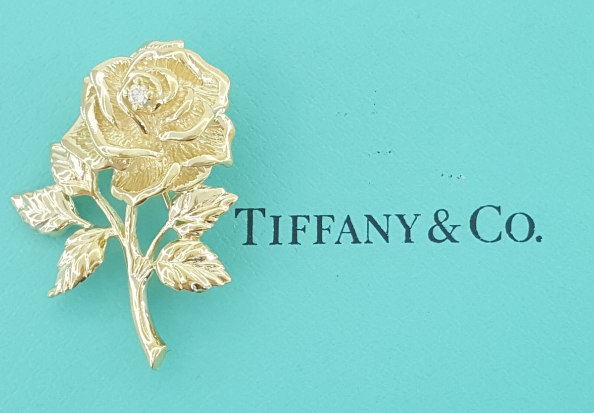 Vintage Tiffany & Co Diamond Rose Flower Brooch Pin 14k Yellow