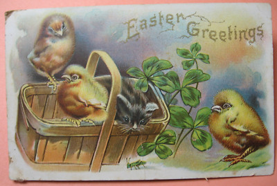 1908 Chicks with Kitten(?), Grasshopper & Basket ''Easter Greetings'' postcard