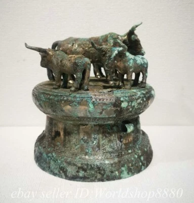 7.2" Old Chinese Bronze Ware Silver Dynasty Cattle Zun Drum Statue - Image 1 of 4