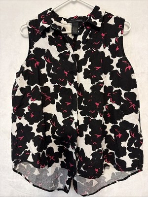 Grace Elements White Black Linen Blend Tunic Top L Classic Coastal Sleeveless