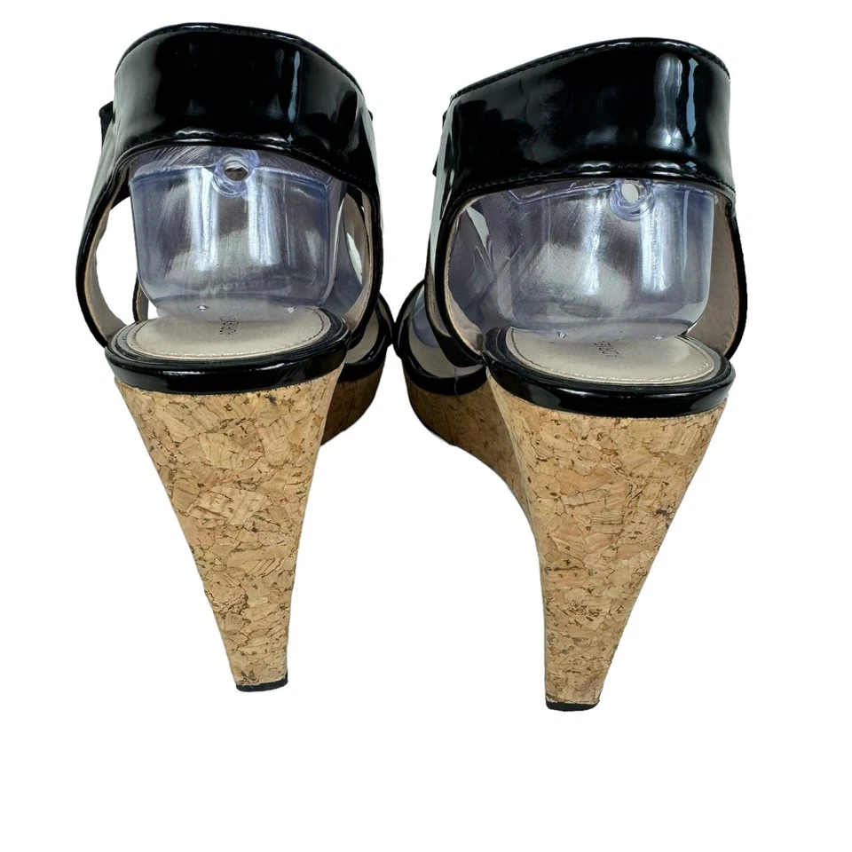 Tacones Adrienne Vittadini de cuña de corcho negro con tiras punta abierta talla 8,5 Foto 3 de 4