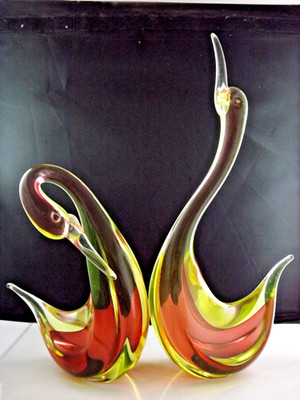 Paar (2) Vintage Cenedese 70er Jahre Murano Uran Sommerso Glas Schwan Figuren