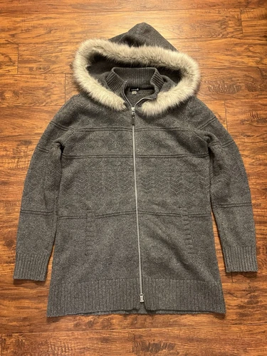 Smartwool Crestone Hooded Sweater Jacket Large Gray Faux Fur Knit