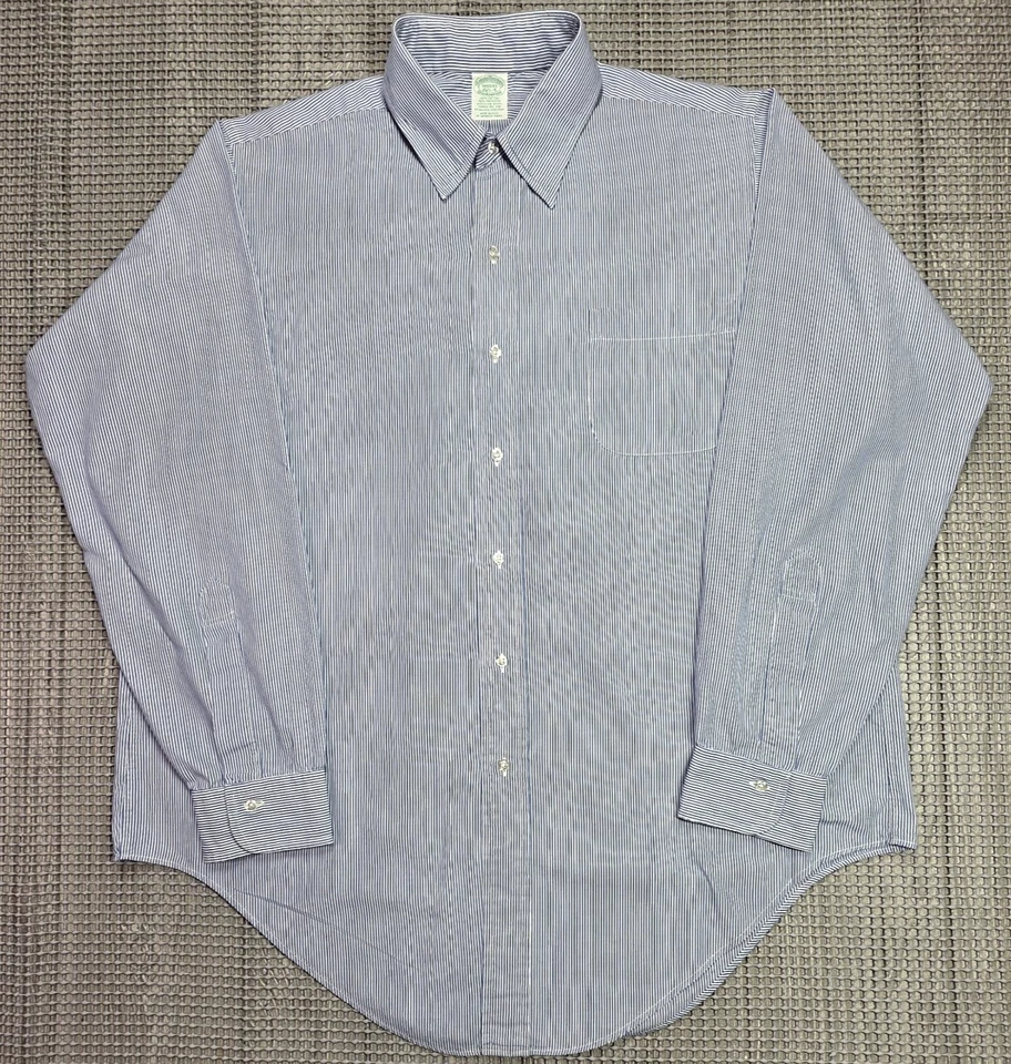 Vintage Brooks Brothers Shirt Mens 16.5-4 Blue Striped Brooksweave USA Button Up - Image 2 of 4