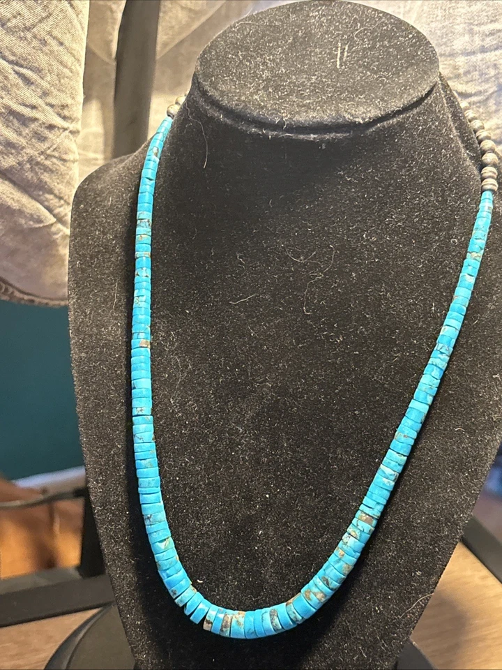 Kingman Turquoise Neclace, Hand Cut Graduated Beads Natural Untreated SS Bench B - Image 2 of 4