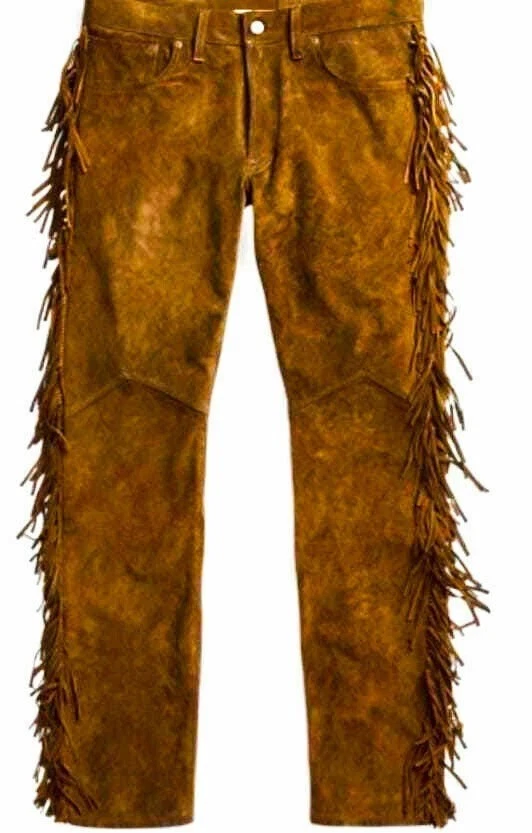 Men Western Suede Cowboy Style Leather Pant with Fringes