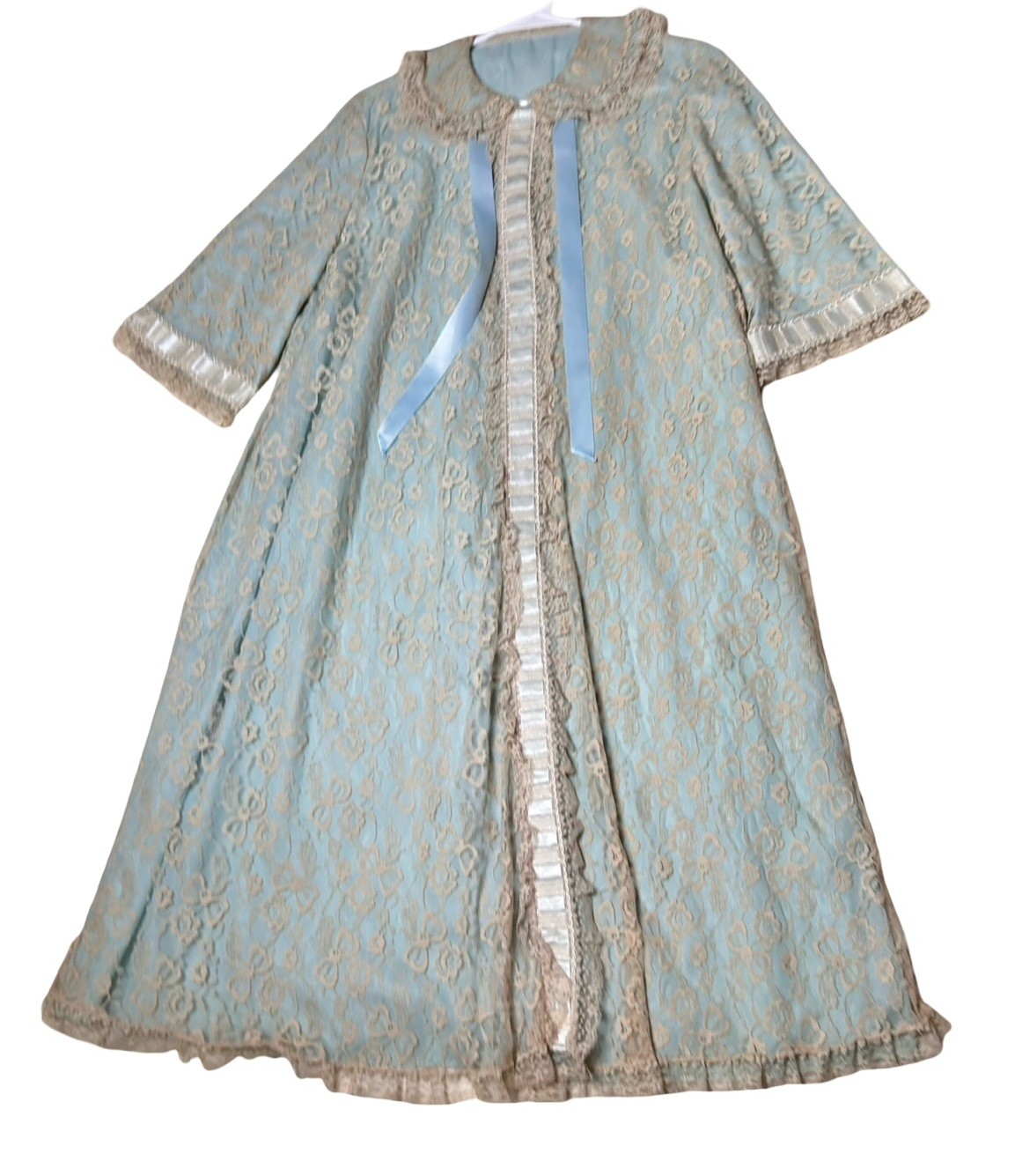 Vtg Odette Barsa Nightgown Robe Sz M/L Duster Blue Bow Floral Lace Overlay Twee
