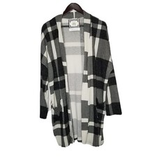 Bombom Women Black Checkered Plaid Open Front Cardigan Size XL USA Made
