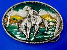 Western Cowboy On Horseback Bucking Bronc Vintage Great American Belt Buckle Co