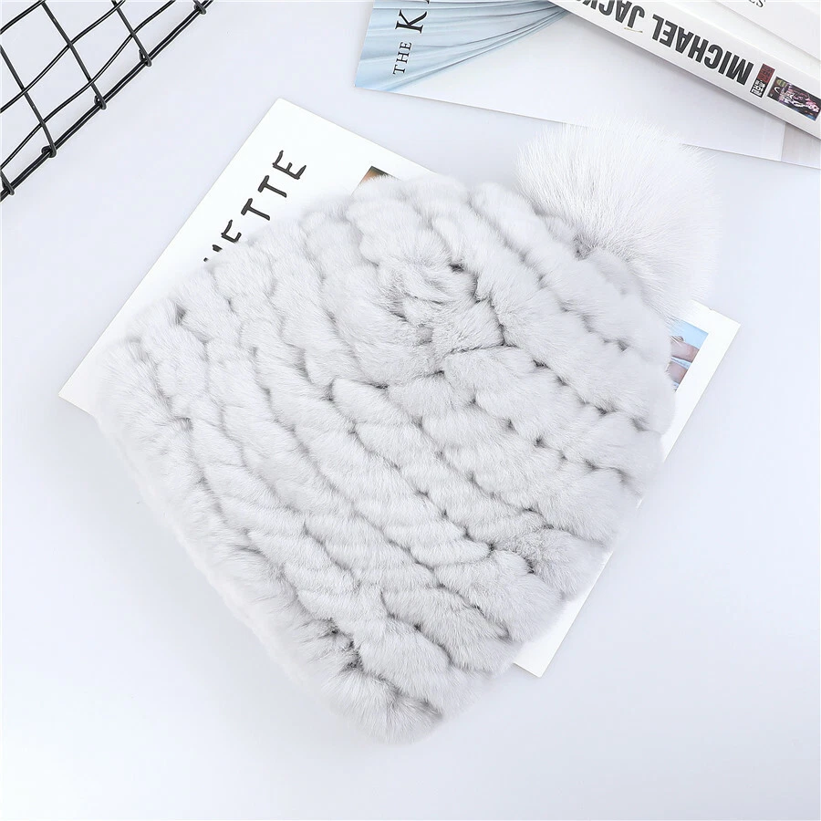 Luxury Women Rex Rabbit Fur Beanie Hats Lady Winter Warm Cap With Fox Fur Pom - Image 4 of 4