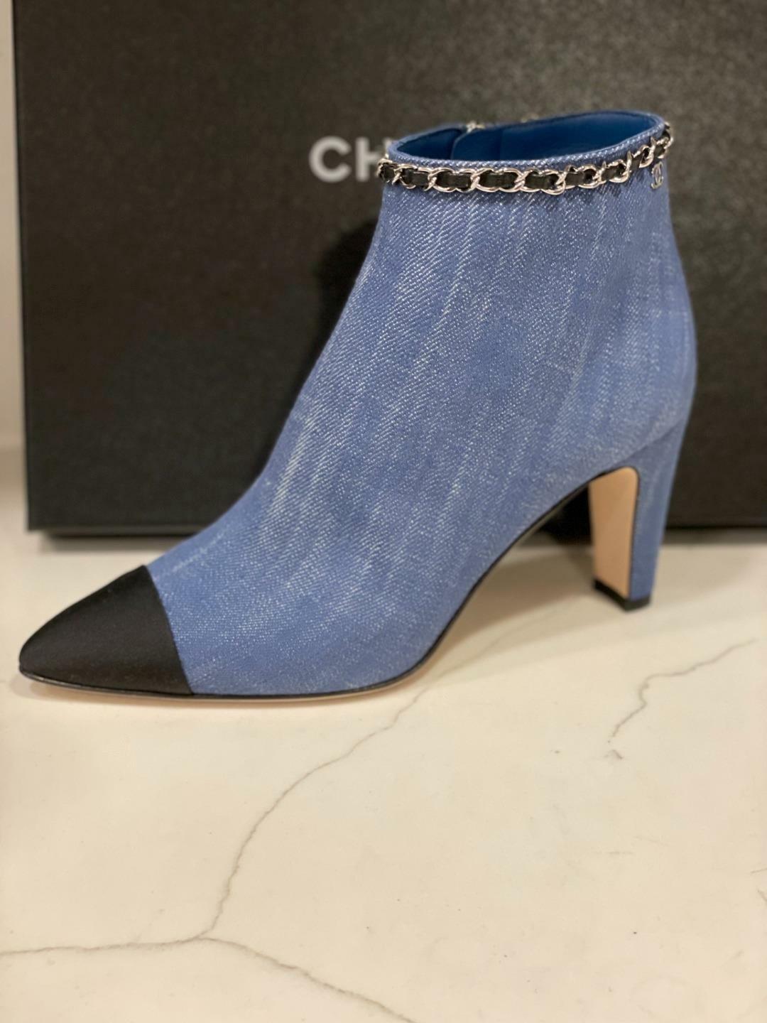 CHANEL 20C Denim Fabric Leather Chain CC Ankle Booties Boots