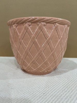 Vintage MCM HAEGER USA ART POTTERY 7  PLANTER VASE 5126 Pink BASKET WEAVE Pot