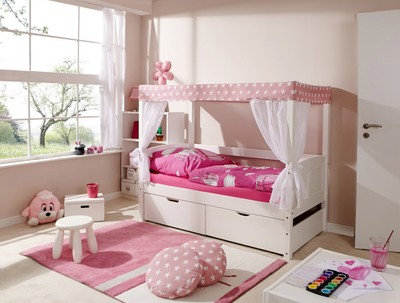 TiCAA Himmelbett Mini mit Bettkasten ''Stern Rosa'' Kiefer Weiß