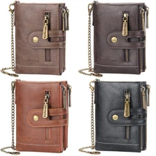 Men's Short Leather Chain Wallets Double Zipper Coin Purse Card Holder Best Gift