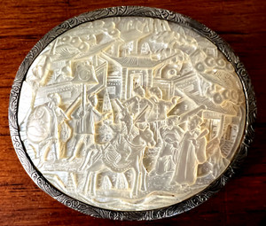 ANTIQUE CARVED Mother of Pearl CHINESE MILITARY PROCESSION BROOCH pin nacre