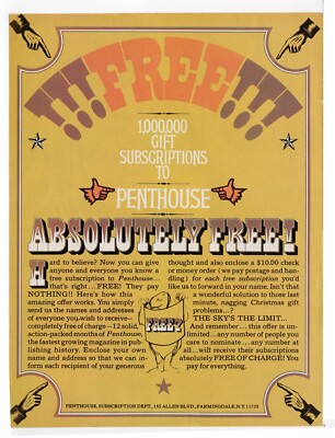 Vintage 1970s mag print ad 1,000,000 FREE Gift Subscriptions to PENTHOUSE pet